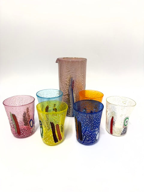 Set of 6 mixed colors Murrine glasses and 1 Jug
